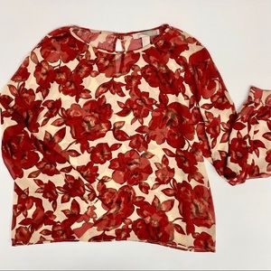 Forever 21 Red Floral Sheer Top, Size S